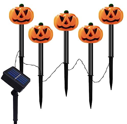5 Stück Halloween Kürbis Solarlampe, Halloween Deko Kürbis Stableuchten mit Erdspieß Batteriebetrieb Solar Rasen Lampe Halloween Lampe Landschaft Lichter für Garten Terrasse Party Hof Dekoration