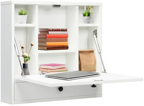 GYMAX Bureau Mural 2 en 1 avec Étagère Pliable, 6 Compartiments de Rangement et Tiroir, Gain d'Espace pour Maison, Chambre (Blanc)