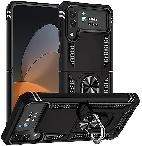 Verco Hybrid Armor Shield Case für Samsung Galaxy Z Flip 4 Hülle, extrem robust mit Magnet Fingerring Halter Handyhülle für Samsung Z Flip 4 5G Panzerhülle, Schwarz