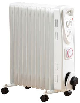 Daewoo Oil Filled Heater, 2500W, 11 Fins, With Timer, Safety Features, Variable Thermostat, 3 Heat Settings, Ideal For Large Sized Rooms, Portable, Cable Storage, White