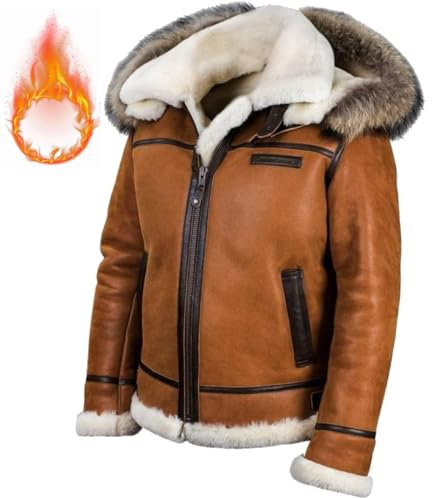 Jacke Pilot aus Schaffell B-7 Arctic Parka Art.208, Winterwarmes Leder für Herren, abnehmbare Fliegerjacke mit Kapuze, Abnehmbarer Jackenmantel mit Kapuze aus Lammfell (4XL,Whiskey)