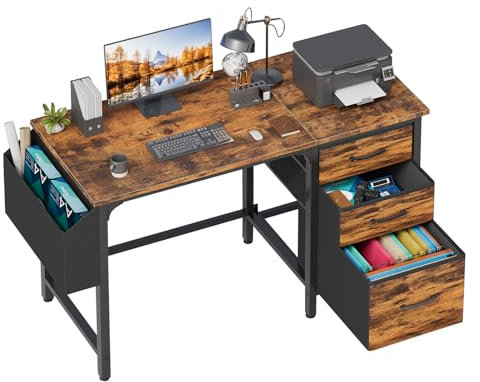 Lufeiya Computer Desk with Fabric File Drawers,120cm Reversible Home Office Desks with Filing Cabinet for Small Space Gaming Study Writing Table PC Desks, Rustic Brown
