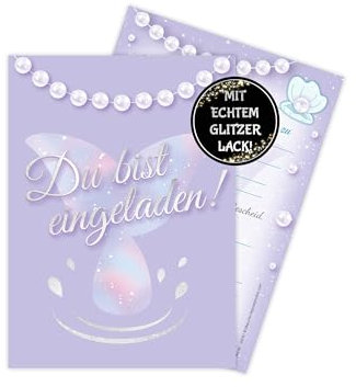 12 Glitzer Einladungskarten zum Kindergeburtstag Einladung Geburtstag Mottoparty Party Feier Fest Mädchen Mädels Teenies Mermaid Meerjungfrau Nixe Flosse Perlen Schimmer Funkeln Glitter Perlmutt