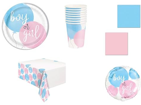 CUSTOM PRINT SHOPPING GENDER PARTY BOY OR GIRL Coordinato ADDOBBI TAVOLA Festa Gender reveal party PER 8 OSPITI KIT(8 PIATTI,8 BICCHIERI,40 TOVAGLIOLI,1 TOVAGLIA, 1 PALLONE FOIL)