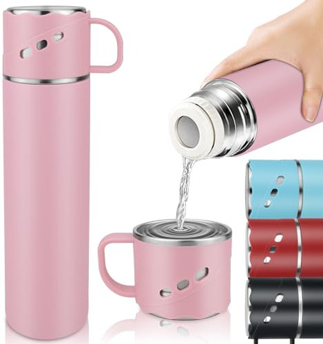 Thermoskanne mit Becher - Auslaufsicher Edelstahl Thermosflasche 550ml - Sechs Wände Vakuum Isolierflasche mit Becher und Griff - 12 H Heiß/12 H Kalt - Thermosbecher Unterwegs Rosa Für Kaffee & Tee