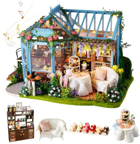 Flower Garden DIY Dollhouse Kit, Transparent Building Model Kits for Adult, Assemble Greenhouse, Creative Decor (Rose Garden Tea House)