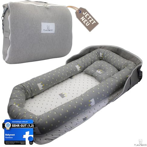 Flantiboo® Babynest - Kuschelnest für Neugeborene - perfekt für unterwegs - mit Taschenfunktion - Waschbares und tragbares Babynestchen für Babys und Säuglinge (Grau)
