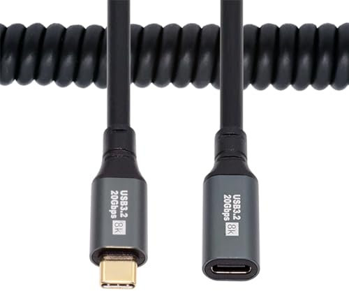 NFHK Câble d'extension USB-C USB4 extensible spiralé 20 Gbit/s 100 W 8K pour ordinateur portable, clavier, tablette, Type-C mâle vers femelle, câble d'extension d'alimentation et de données