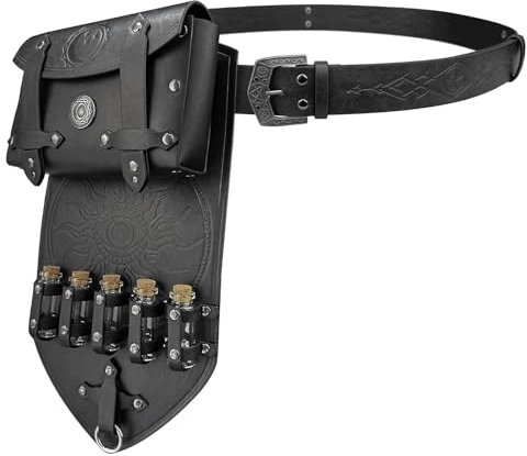 HiiFeuer 3PCs Medieval Alchemy Faux Leather Belt Bag Set with 5 Cork Potion Vials, Fantasy Embossed Wizard Halloween Belt (Black A)