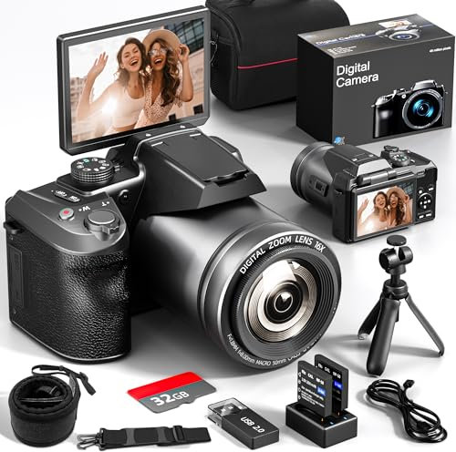 NBD 64MP Digital Camera,4K Vlogging Camera for YouTube with 3’’ Flip Screen,16X Digital Zoom,WIFI& Autofocus,Cameras Mic&Tripod,2 Batteries, 32GB TF Card,Dslr Camera (Black)