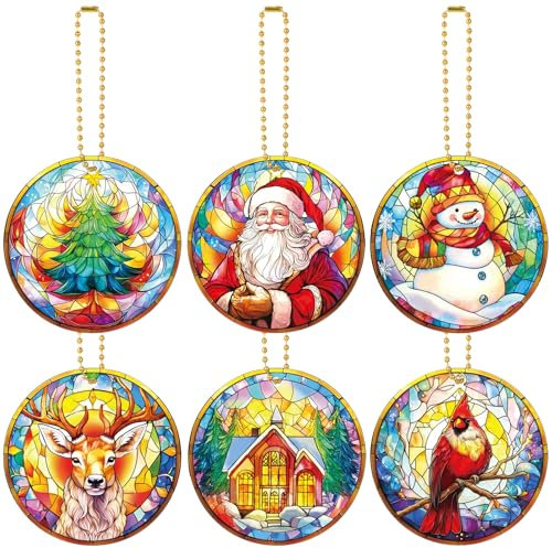 Vercraft 6 Pcs Christmas Tree Hanging Ornament Stained Glass Style Christmas Tree Decoration Xmas Round Window Hanging Art Santa Claus Acrylic Ornament Decorations Gifts (Retro)