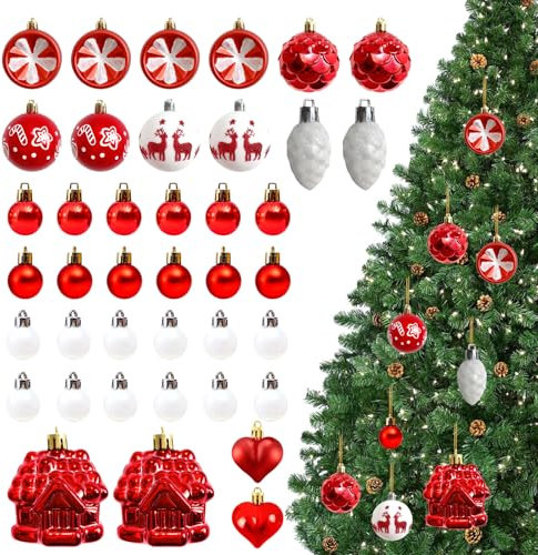 Kocusu Palline di Natale in Plastica, 40 Pezzi, Varie Forme e Dimensioni, Incl. Corda, Decorazioni per Albero di Natale, Finestre, Giardino, Feste, Rosso e Bianco