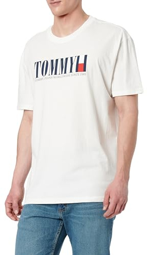 Tommy Jeans Herren T-Shirt Kurzarm Flag Tee Regular Fit, Weiß (Ecru), 3XL