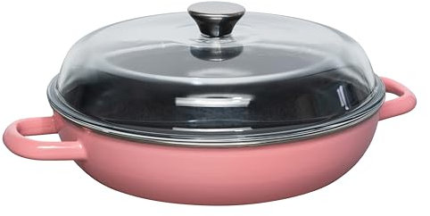 Riess, 0058-114, Schmorpfanne mit Glasdeckel, 28cm Durchmesser, PINK, Emaille, LBH 37.7x29.2x14.1, Gew. 3.049kg, Bratpfanne