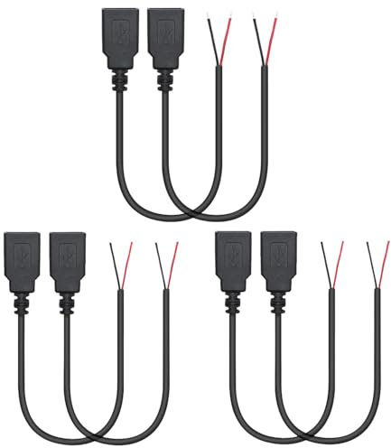 Greluma 6 Piezas USB 2.0 Hembra Cable Desnudo de 2 Pines, Cable de alimentación de Extremo Abierto de 30cm USB A 12V/3A