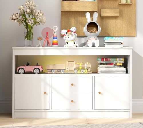 Toy Storage Organizer, Kids Bookshelf with Doors & Drawers, Wooden Kids Cabinet with Open Shelf, Playroom Organization and Storage, Book Shelf for Kids Rooms, Playroom, Living Room (White)