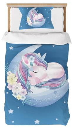 Caregchrisj Kinderbettwäsche 100x135 cm blau Einhorn Muster Mikrofaser 2-teiliges Bettwäsche Kinder Mädchen Bettbezug und Kissenbezug 40x60 mit Reißverschluss