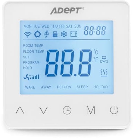 Adept Technology T5100 Modern Programmable Thermostat – Underfloor Heating Controller with Large Screen, 4 Daily Heating Periods, Open Window Detection, Anti-Freeze Mode and Sensor Compatible, White