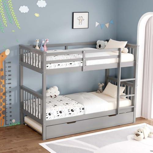 SlumberWorx OLIVER GREY WOODEN BUNK BED WITH TRUNDLE – SINGLE