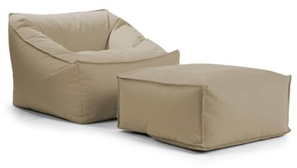 mokebo® Gartensessel mit Pouf 'Der Sunnyboy', Bean Bag mit Hocker und Füllung oder Outdoor Sitzsack, Gartenliege, als Liegekissen, Relaxliege oder Liege in Khaki