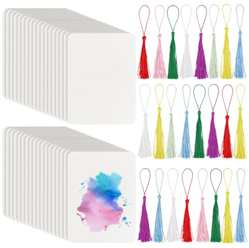 BENECREAT 50 Blatt Blanko Aquarellpapierkarten, 88x64mm Handgeschöpftes Strukturpapier mit 25 Stück Quaste Dekoration für GrußKarten DIY, Gemälde, Briefe, Einladungen Zeichnen
