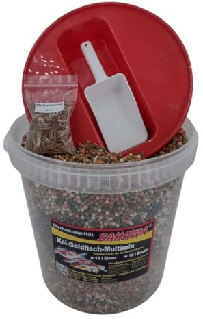 Premium Koi-Goldfisch-Multimix, Sommerfutter für Gartenteichfische von Sahawa, inklusive Futterschaufel und getrockneten Mehlwürmern, Fischfutter für Koi, Goldfische (10 L Eimer)