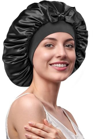 Umisleep 100 % Maulbeerseide 22 Momme große Seidenhaube zum Schlafen, doppellagig, rutschfest und atmungsaktiv, mit verstellbarem Band für Lange, lockige Haare, Schwarz