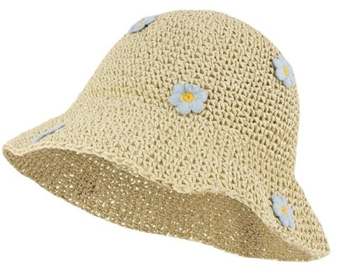 Women's Summer Foldable Straw Hat – Sun Protection Wide Brim Vacation Style Hollow Weave Hat with Floral Decoration, Adjustable for Comfortable Fit