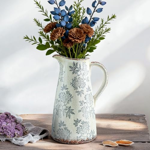 Enra Keramikvase mit Griff, 31 cm, Blau und Weiß, handgefertigt, große Chinoiserie-Krugvase für frische Blumen, hohe dekorative Vase für Wohnzimmer, Bücherregal und Bodenakzent