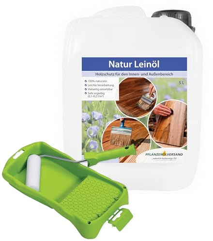 Leinöl Holzöl Set 5 Liter, kaltgepresst, für Möbel, Böden & Arbeitsplatten | 100% Naturleinöl ohne Zusätze, inkl. Farbroller & Farbwanne; für Schneidebretter & Böden innen & außen