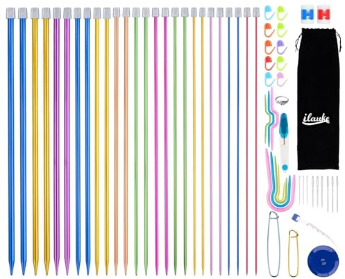 ilauke 60 Stück Stricknadeln Set, Edelstahl Einnadel Farbe Rundstricknadeln Set mit Strickzubehör, 35cm Große Nadelspiel 2mm-10mm Knitpro Nadelspitzen, Stricknadeln Rundstricknadel für Schals, DIY
