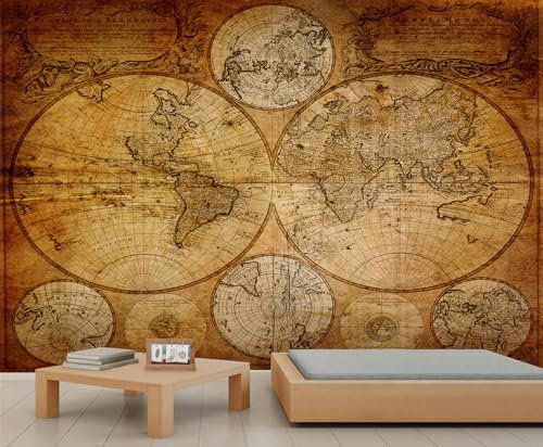 FACADUP Vintage World Map Murals, Brown Old World Map Wall Murals, Geographic Poster Wallpaper for Living Room Bedroom 150x105cm Artwork Background Wall Stickers (Not Self-Adhesive)