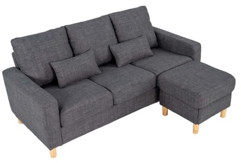 Hroth 3 Seater Sofas, Fabric Sectional Sofa with Storage Ottoman and 2 Pillows, Thick Cushions, High Weight Capacity, L Shape Recliner Settee for Living Room, Bedroom, Office, Dark Grey