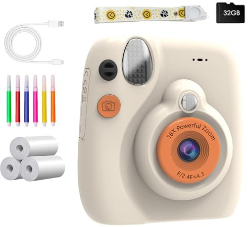Impression instantanée de l'appareil photo pour enfants avec stylo de coloriage carte de 32 Go 1080p Design rétro pour enfants de 3 à 12 ans Durabilité et matériaux sûrs Impression instantanée de