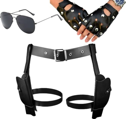 Vxcvzv Kostüm Zubehör Pistole Holster Gürtel Set mit 3 Stück Verstellbarer Oberschenkelriemen mit fingerlosen Handschuhen Retro Sonnenbrille für Halloween Party Cosplay Abenteuer für Männer Frauen