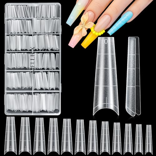 MELLIEX 300 PCS Nail Tips With Auxiliary Lines Matte Clear Coffin Acrylic Nail Tips for Gel X Extensions Kit Half Cover Ballerina Tapered Square French Tip False Nails