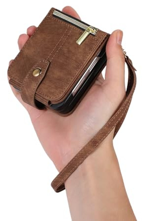 UEEBAI Hülle für Samsung Galaxy Z Flip 7 5G, Leder Klapphülle, Retro Braun | 9 Kartenfäche Lederhülle mit Umhängegurt Handschlaufe Ständer Reißverschluss Handyhülle Magnetverschluss Wallet Flip Case