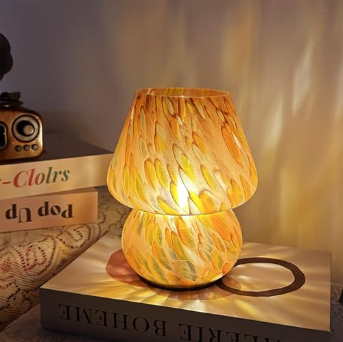 AFORTLO Batteriebetriebene Pilz-Tischlampe mit Timmer, schnurlose kleine Atmosphäre, Glas-Tischlampe, tragbares, dekoratives Nachtlicht für Ecke/Eingang/Treppe/Badezimmer/Kamin (buntes Orange)