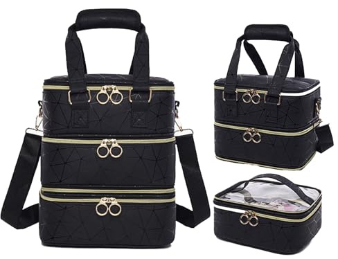 BYLife Black Large Makeup Bag, Nail Polish Organiser - Holds 60 Bottles Three-Layer Travel Storage Bags Waterproof PU Cosmetic Bag with Adjustable Dividers for Manicure Tools Storage