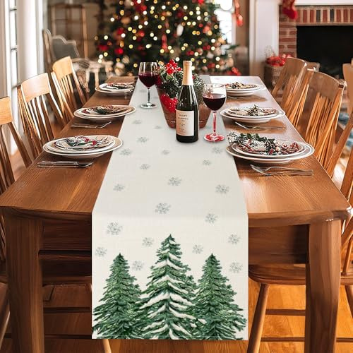 Tischläufer Weihnachten Baum Kiefer Xmas Schneeflocken Schnee Tischdecke Läufer Winter Küche Tisch Dekoration für Wohnzimmer Drinnen und Draußen Urlaub Party Dekor, Waschbar 40 x 140 cm