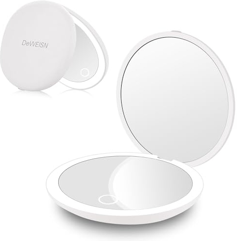 deweisn Compact Mirror,Portable Travel Makeup Mirror with Lights 1X/5X Magnification LED for Purse,Pocket,Handheld,2-Sided Folding Small Mirror Adjustable Brightness,White