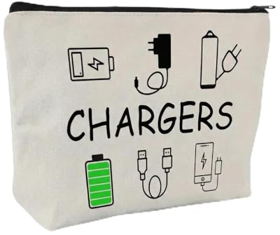 Cable Organiser Bag, Cream Zip Travel Charger Pouch for Electronics | 1-Piece Freestanding Storage, Black Printed Details, Holds Leads, Plugs And Power Banks In Luggage, Work Bags Or Desk Drawers