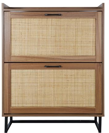 Gotagee Schuhschrank mit Rattantüren Flurschrank 80×24×101,5 cm Holzoptik PB Metallfüße Zweitüriger Stauraum Moderner Japandi Stil