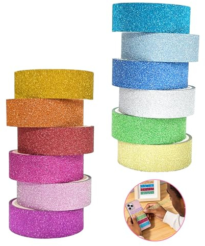 12 Rollen Washi Tape Set, 15mm Glitzer-Klebeband Selbstklebendes Klebeband | abrollbar rueckstandsfrei, fuer Scrapbooking Journaling, leuchtende Farben Muster, Geschenkverpackung Partydeko