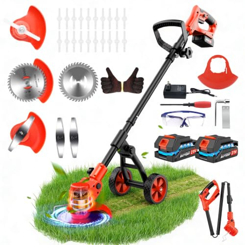 Decespugliatore a Batteria da 4-IN-1,Tagliabordi a Batteria Decespugliatore Elettrico con 2×2,0Ah Batterie con Caricabatterie e Ruote Rimovibili, 3 Tipi di Lame per Il Taglio Di Giardini Prati