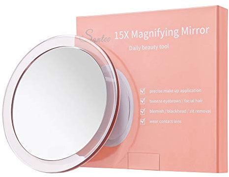 SANTOO 15X Grossissant Miroir (Rond de 15cm) - avec 3 ventouses de Montage à Utiliser pour Le Maquillage de détails - Sourcils/pincement/Retrait - Miroir de Maquillage pour Salle de Bain/Voyage