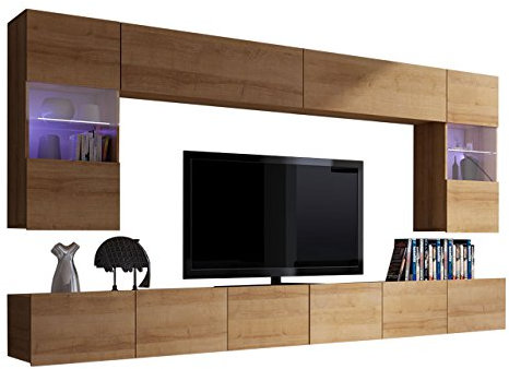 Moderne Wohnwand Calabrini I, Anbauwand, Mediawand, Hängevitrine, TV Lowboard, Wandregal, Wohnzimmerschrank, Fernsehschrank (ohne Beleuchtung, Eiche Gold)