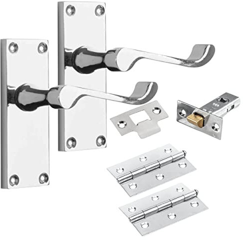 IRONZONE® 3 Sets of Premium Quality Victorian Scroll Lever Latch Door Handles Polished Chrome Hinges & Latch Pack Backplate Door Handles, Contemporary Design for Internal Wooden or Oak Doors