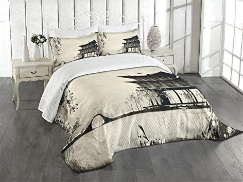 ABAKUHAUS japanisch Tagesdecke Set, Landschaft des Fernen Ostens, Set mit Kissenbezügen Waschbar, für Einselbetten 170 x 220 cm, Schwarz Beige