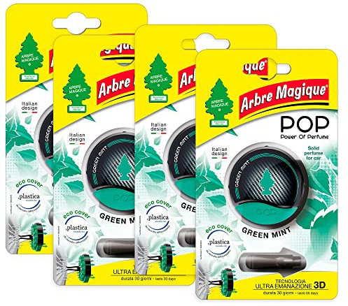 Arbre Magique POP, Parfum Auto Solide Vert Menthe, Décisif et Frais, Durée Jusqu'à 30 Jours, Design Italien, Lot de 4 Pièces